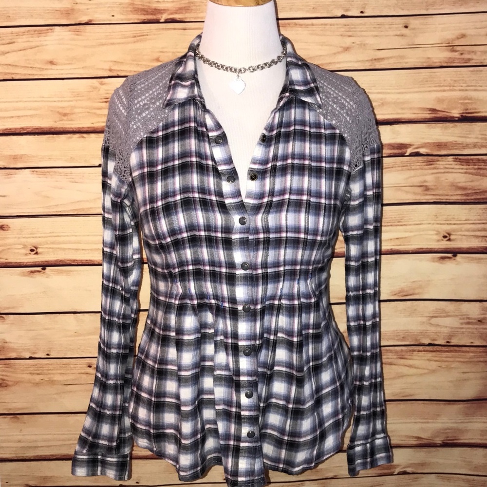 🚫SOLD🚫 Free People Plaid Crochet Peplum Blouse - Picture 1 of 6